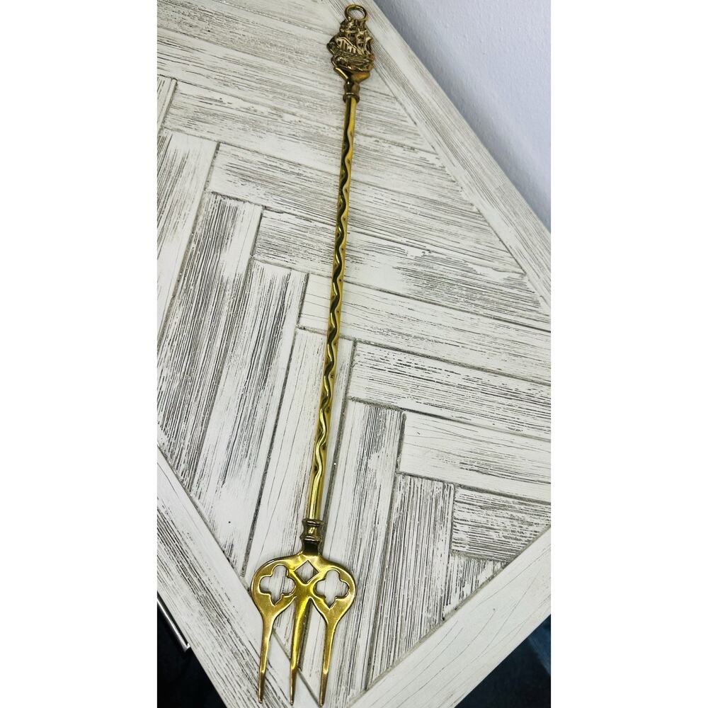 Antique Vintage Brass Fireplace Toasting Fork With Ship